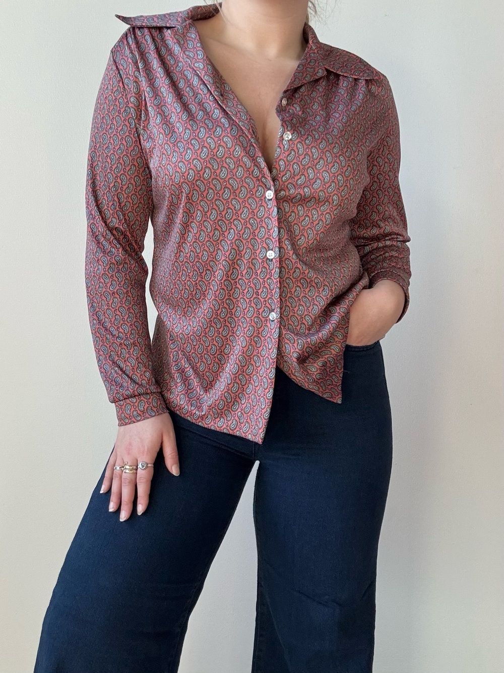 Vintage Pink Paisley Silky Button-Up Shirt